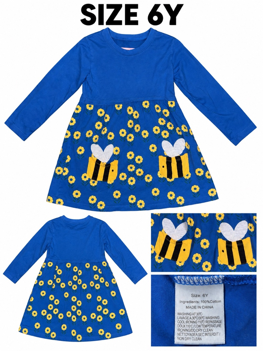 Girls Blue Long-Sleeve Bee & Daisy Dress - Size 6Y